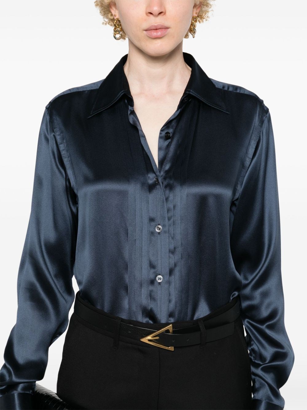 FLUID CHARMEUSE SILK SHIRT WITH PLISSE PLASTRON