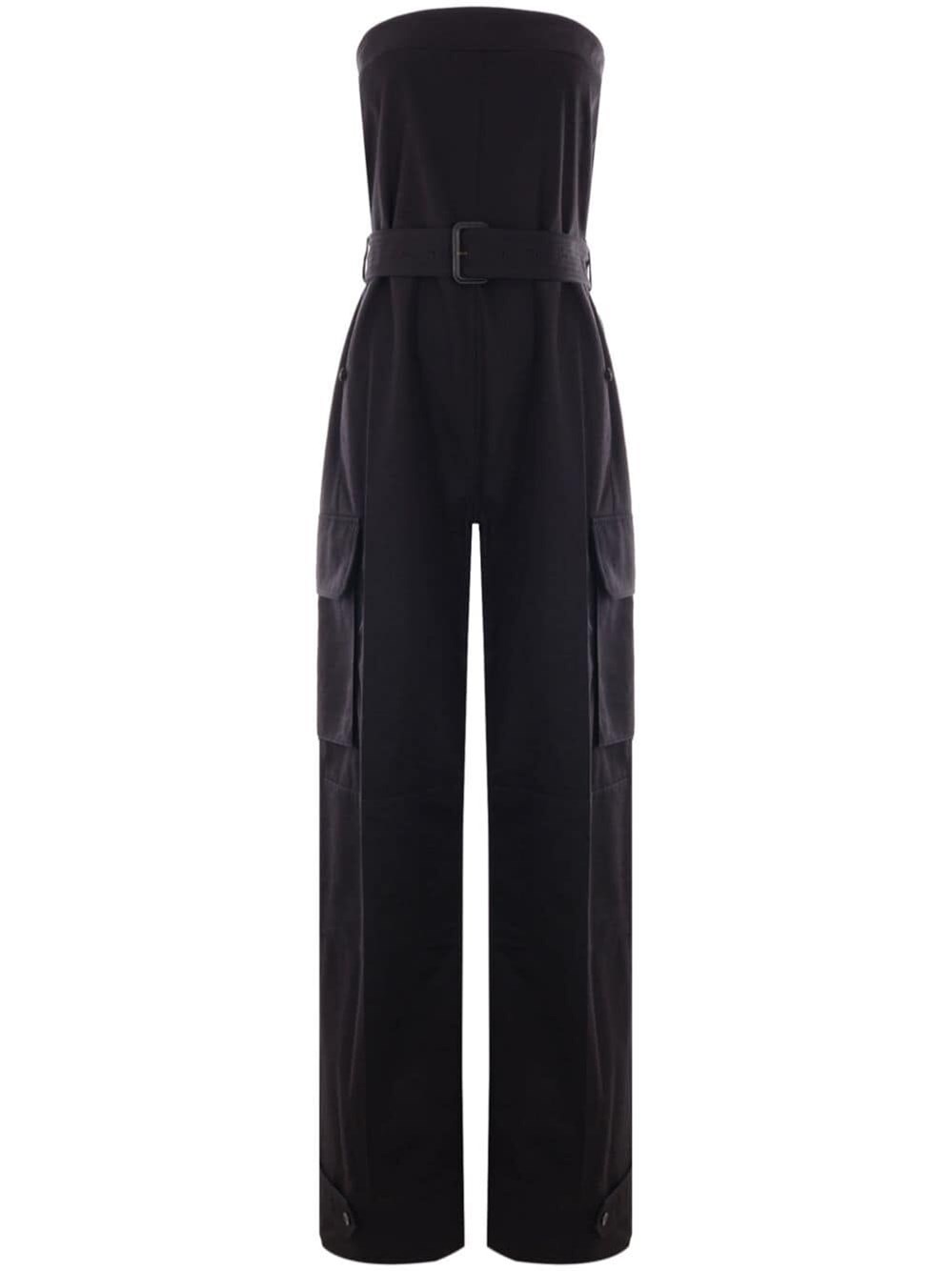Saint Laurent Strapless Belted Cotton Jumpsuit In Black