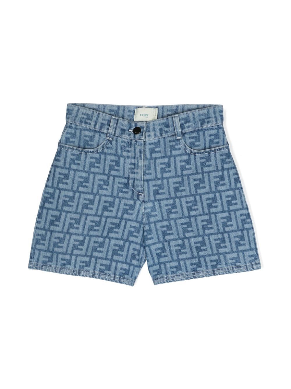 Shop Fendi All Over Logo Printed Denim Short In Blue