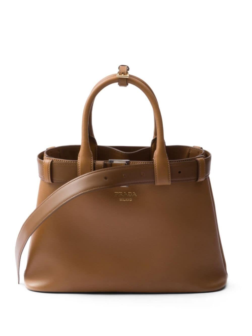 Shop Prada Buckle Medium Leather Handbag In Brown