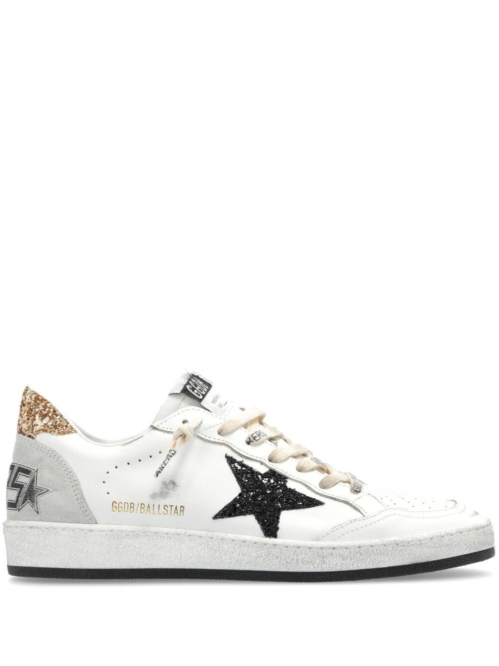 Golden Goose Ballstar White Low Top Sneakers With Glittered Star Patch On The Side And Glittered Heel With Logo L