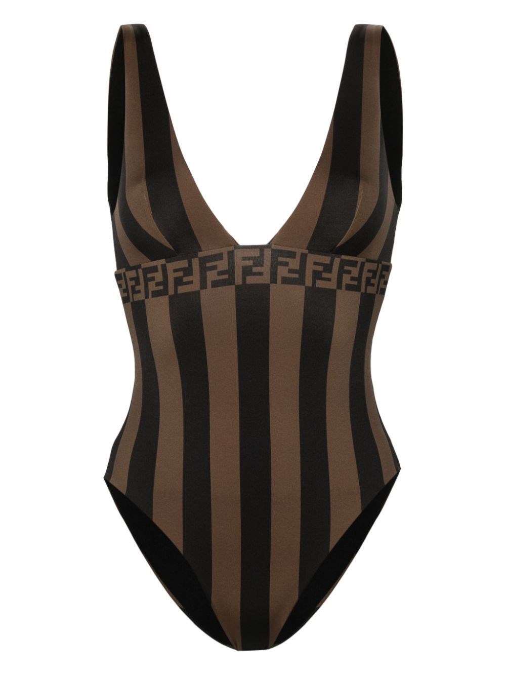 Shop Fendi Pequin Lycra Swimsuit In Brown