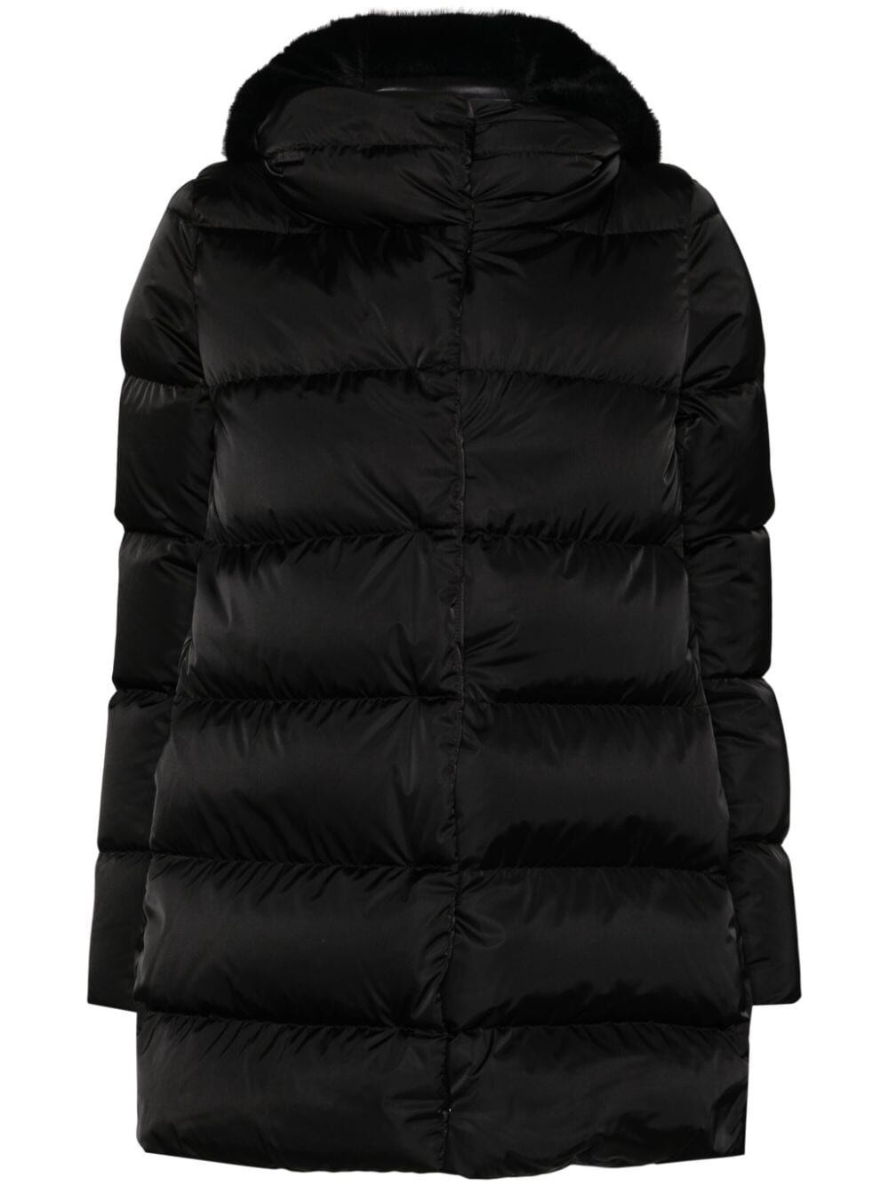 Herno Women's Black A-Shape Down Jacket In Satin And Lady Alternative Fur