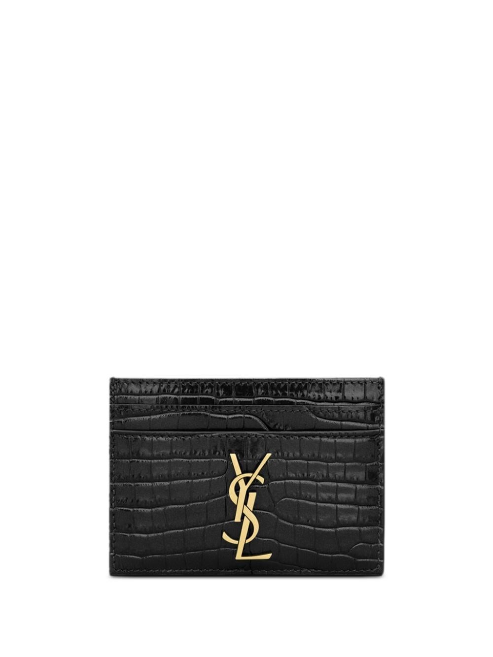 Shop Saint Laurent Cassandre Card Case In Crocodile-embossed Shiny Leather In Black