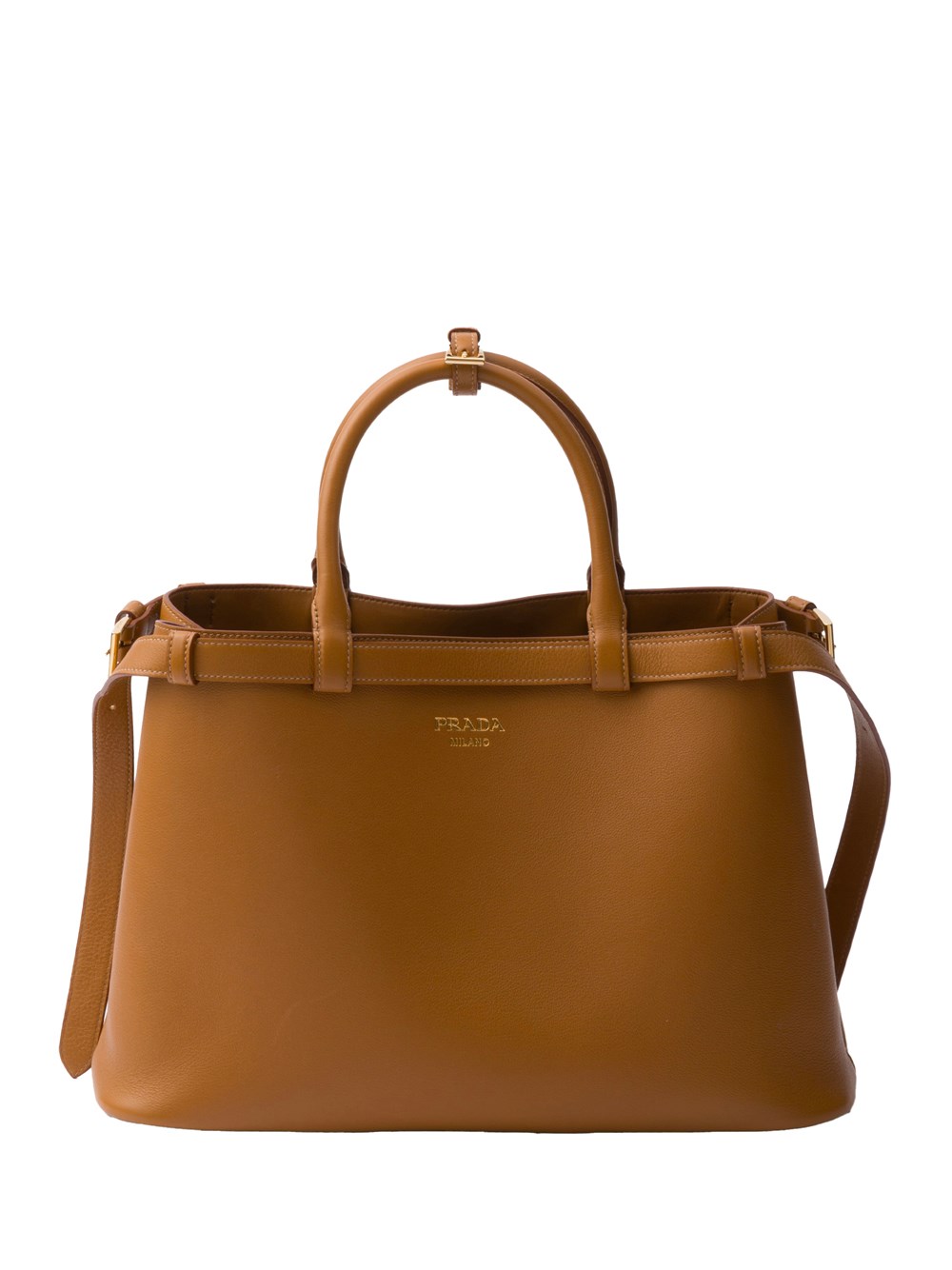 Shop Prada Buckle Medium Leather Handbag With Double Belt In Brown