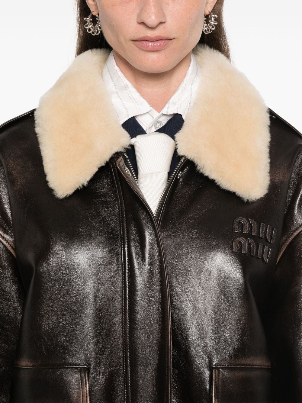 LEATHER BOMBER JACKET WITH SHEARLING COLLAR