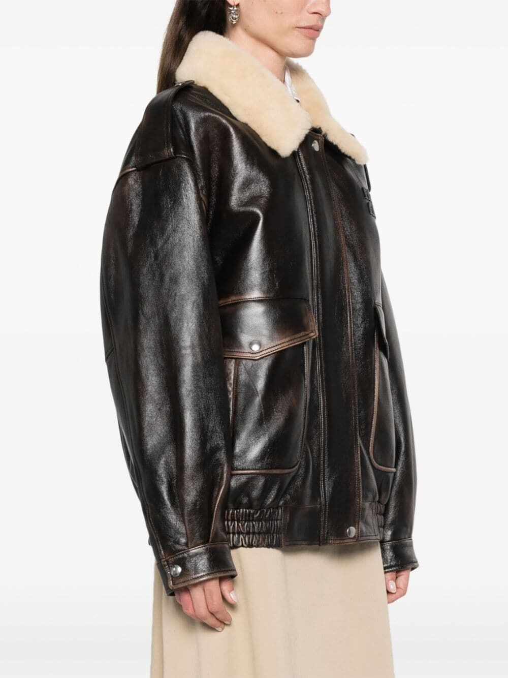 LEATHER BOMBER JACKET WITH SHEARLING COLLAR
