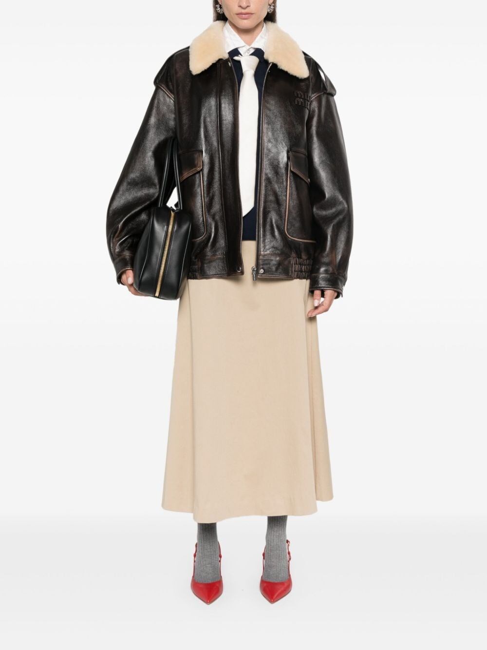 LEATHER BOMBER JACKET WITH SHEARLING COLLAR