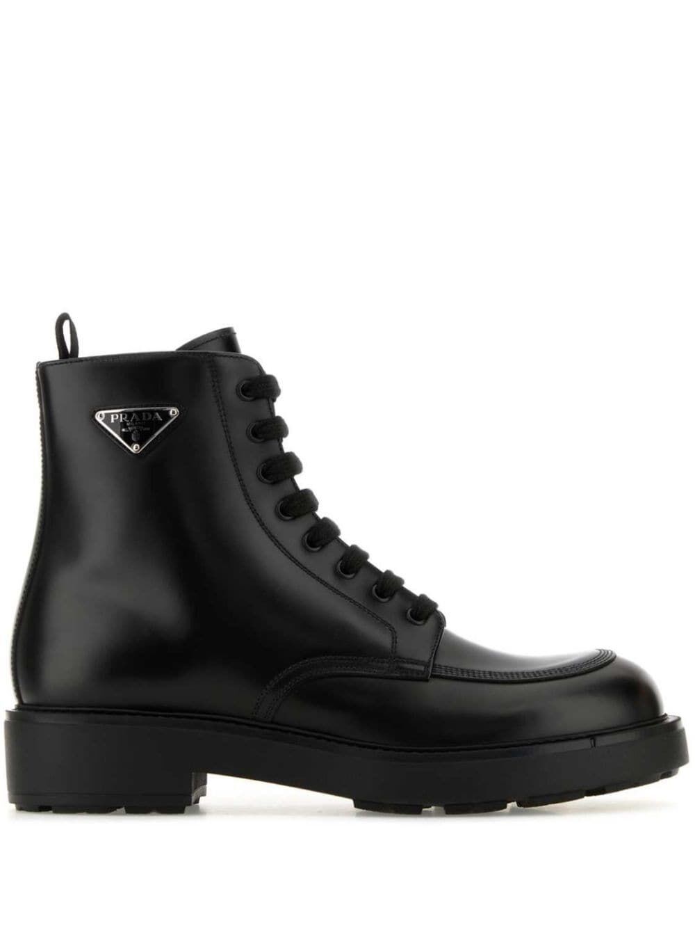 Shop Prada Polished Finish Leather Combat Boots In Black