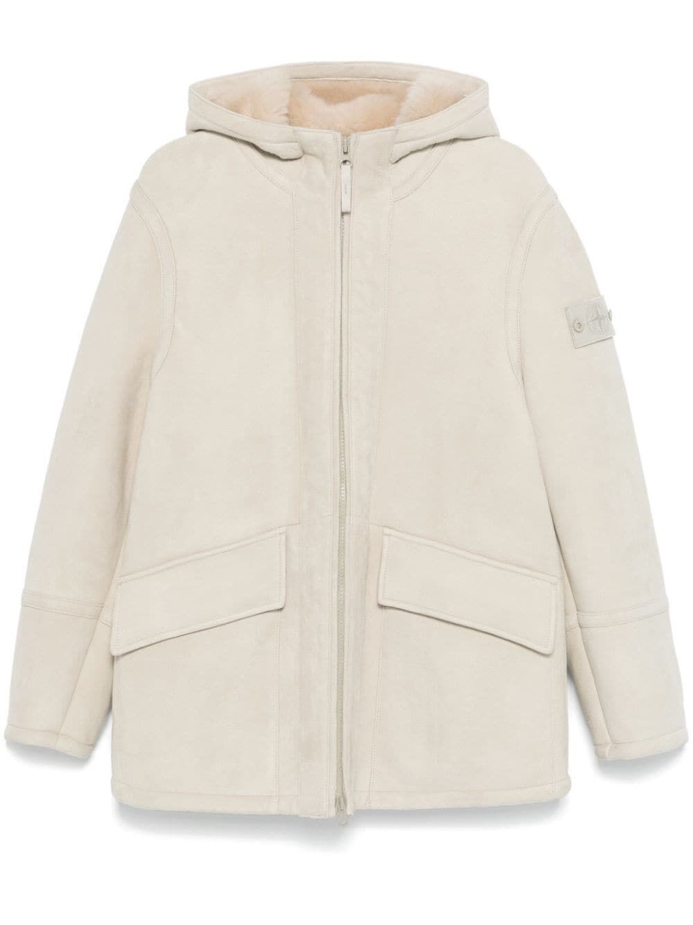 Shop Stone Island Shearling Lining Suede Leather Ghost Jacket In Nude & Neutrals