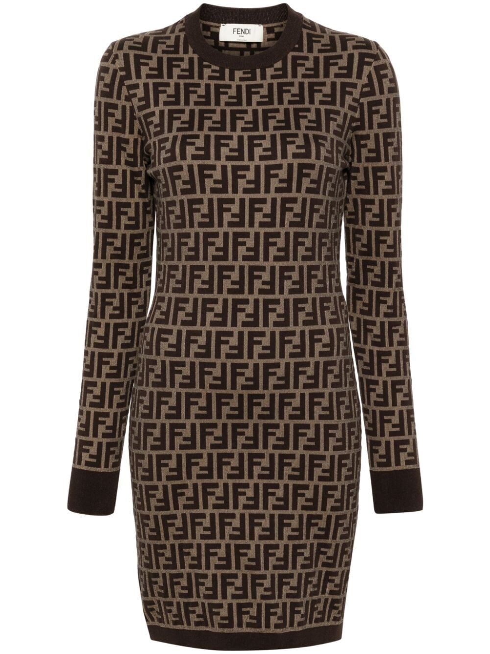 Shop Fendi Ff Cotton Fitted Dress In Brown