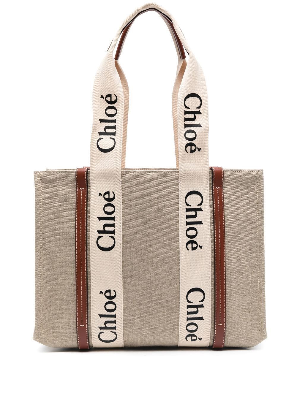 Chloé Neutral Woody Medium Canvas Tote Bag In Nude & Neutrals