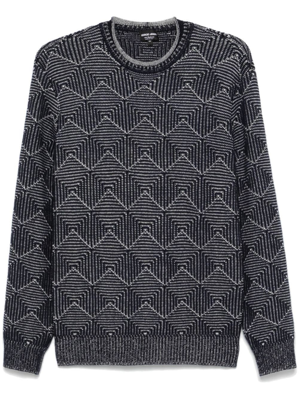 Shop Giorgio Armani Diamond Patterned Jacquard Cashmere Sweater In Blue