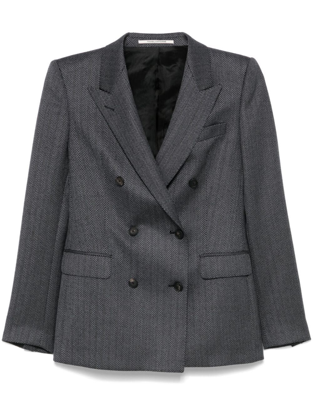 Shop Tagliatore Herringbone Double Breasted Blazer In Grey