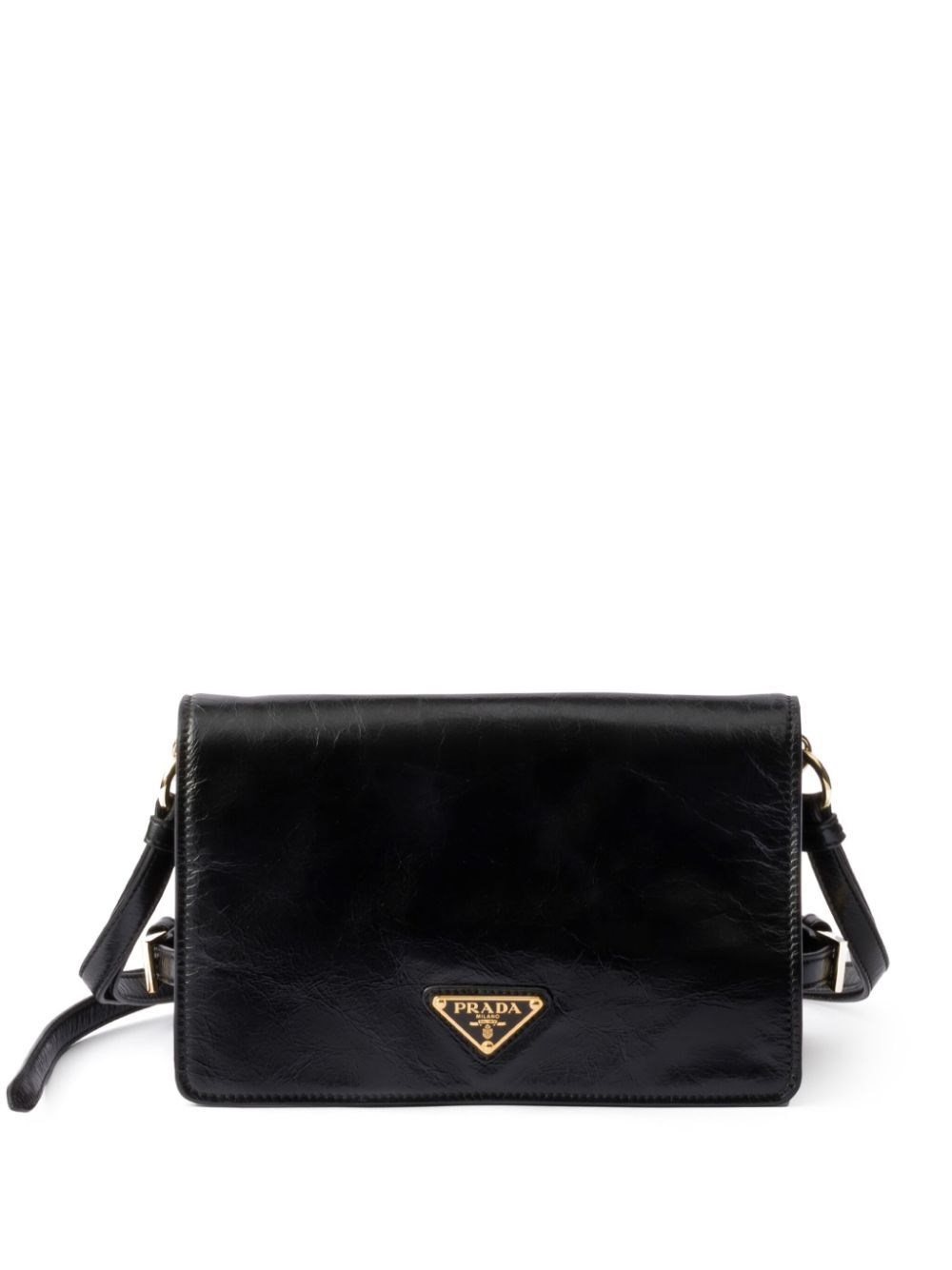 Shop Prada Glossy Leather Shoulder Bag In Black