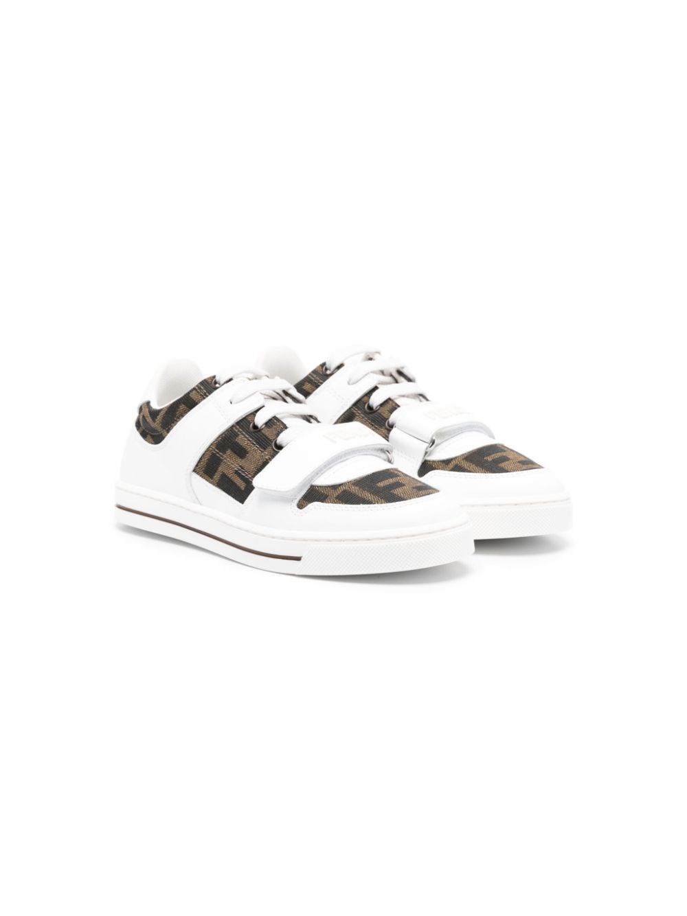 Fendi Kids Boys White Leather And Ff Jacquard Sneakers
