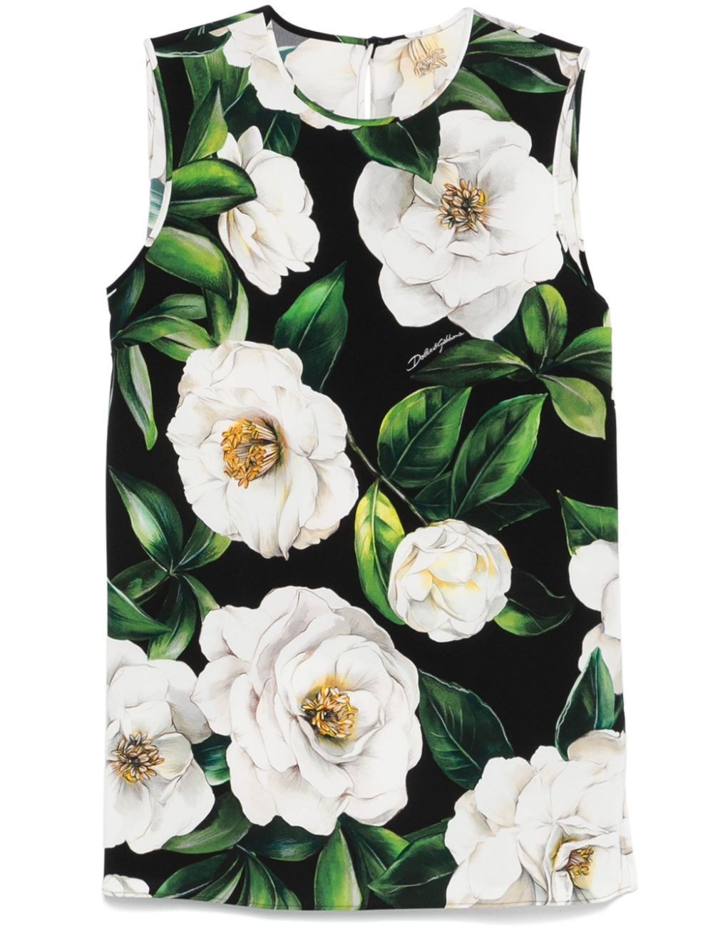 Dolce & Gabbana Gardenia Print Stretch Silk Charmeuse Sleeveless Top In Black