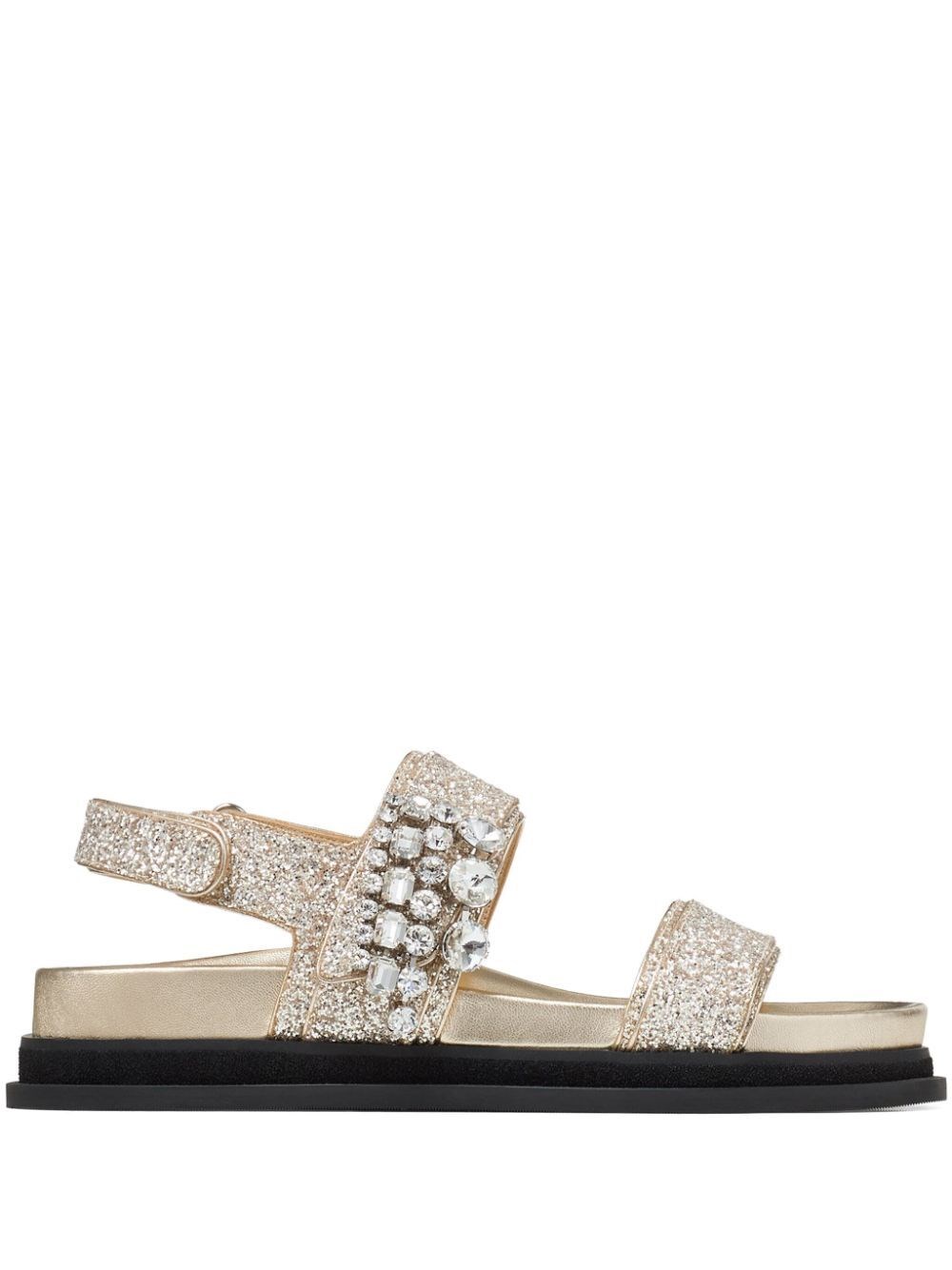 Jimmy Choo Verity Glittered Flat Sandals With Crystal Embellishment In Metallic