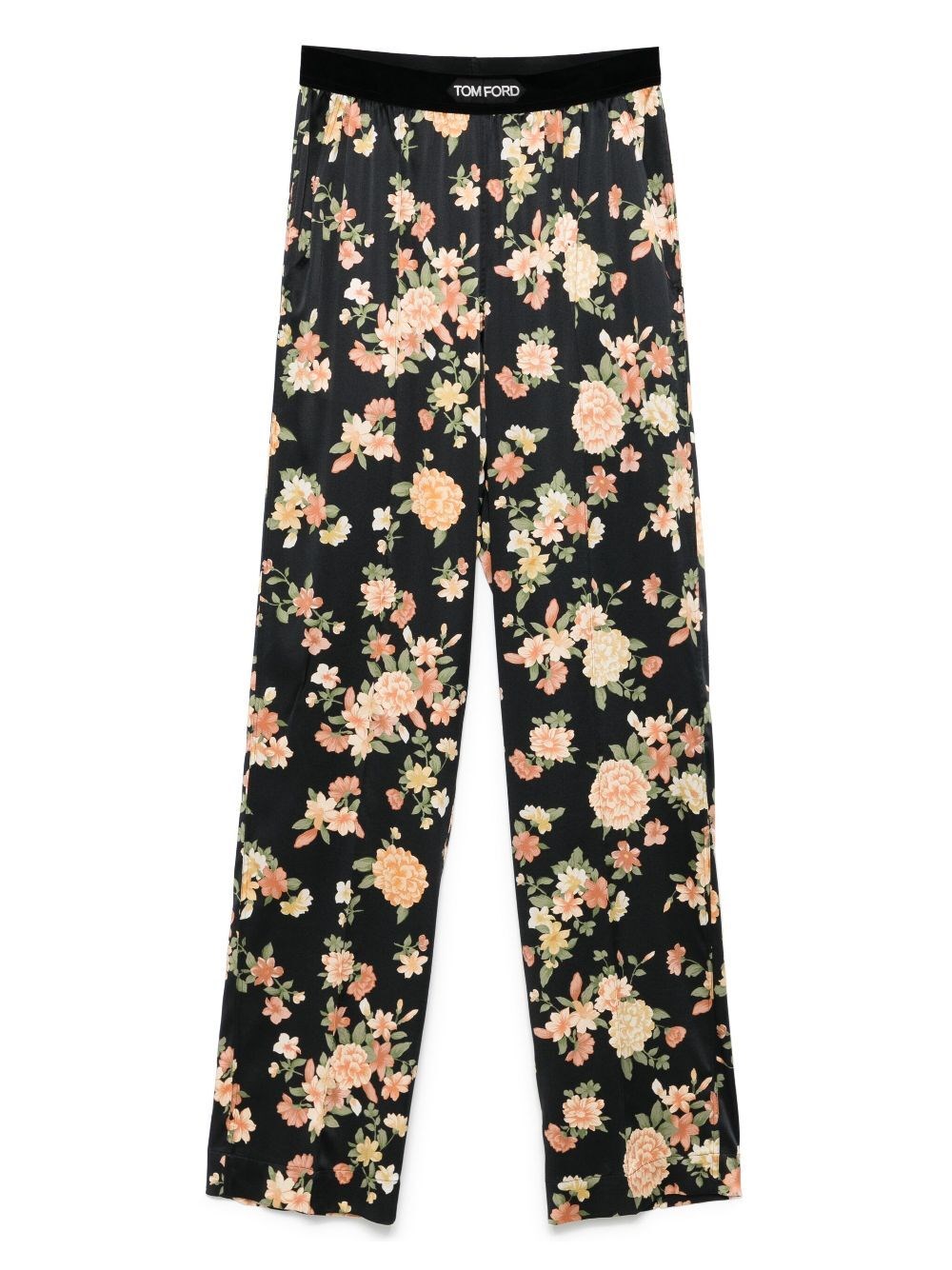 Tom Ford Wide Leg Floral Print Satin Trousers In Black