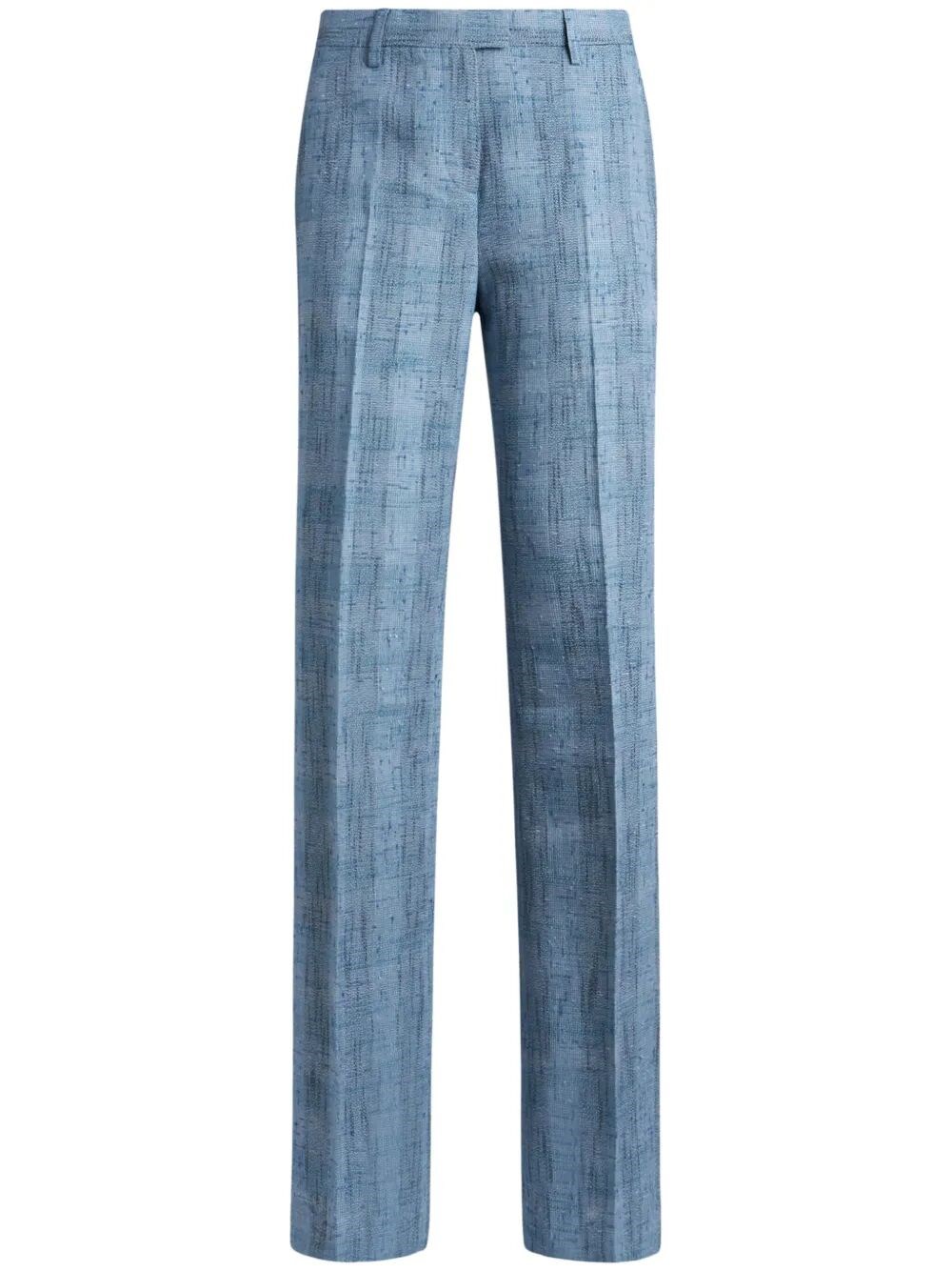 Etro Women Slubbed Check Motif Linen-blend Trousers In Blue