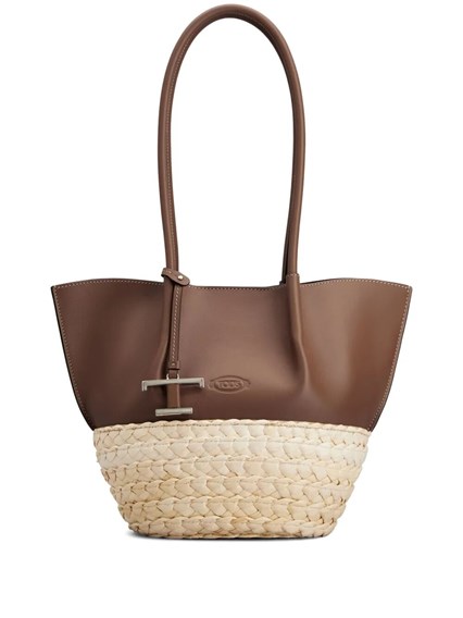 TOD'S T-タイムレスチャーム ラフィア スモール トートバッグ Tod`s T タイムレス チャーム ラフィア&レザー スモール トート