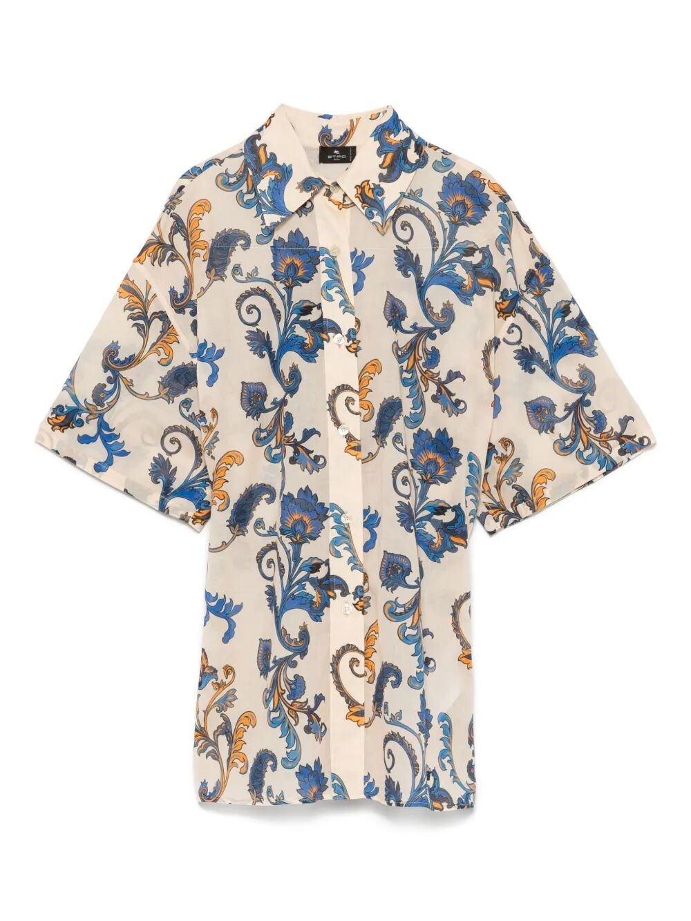 Etro Floral-print Short Sleeved Cotton Shirt In Nude & Neutrals