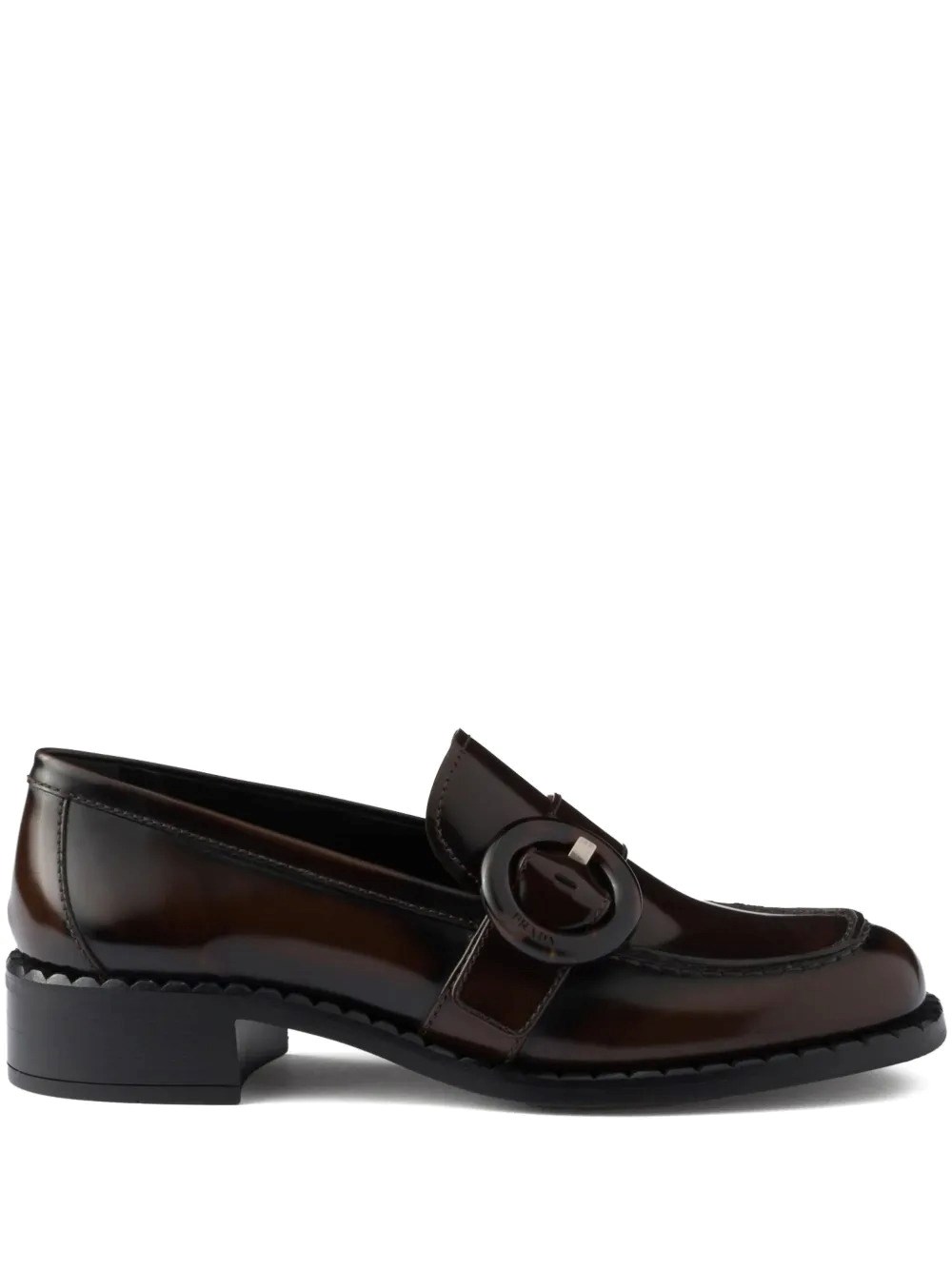 Prada Block Heel Loafers Round Buckle