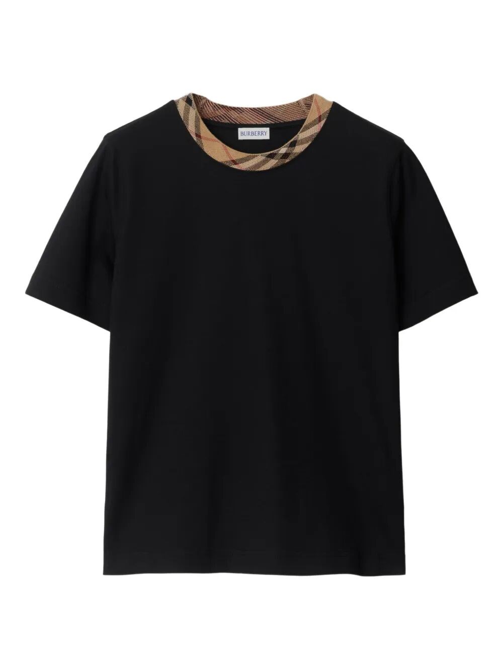 Burberry Black Crewneck T-shirt With Ckeck Motif On The Collar In Cotton Woman