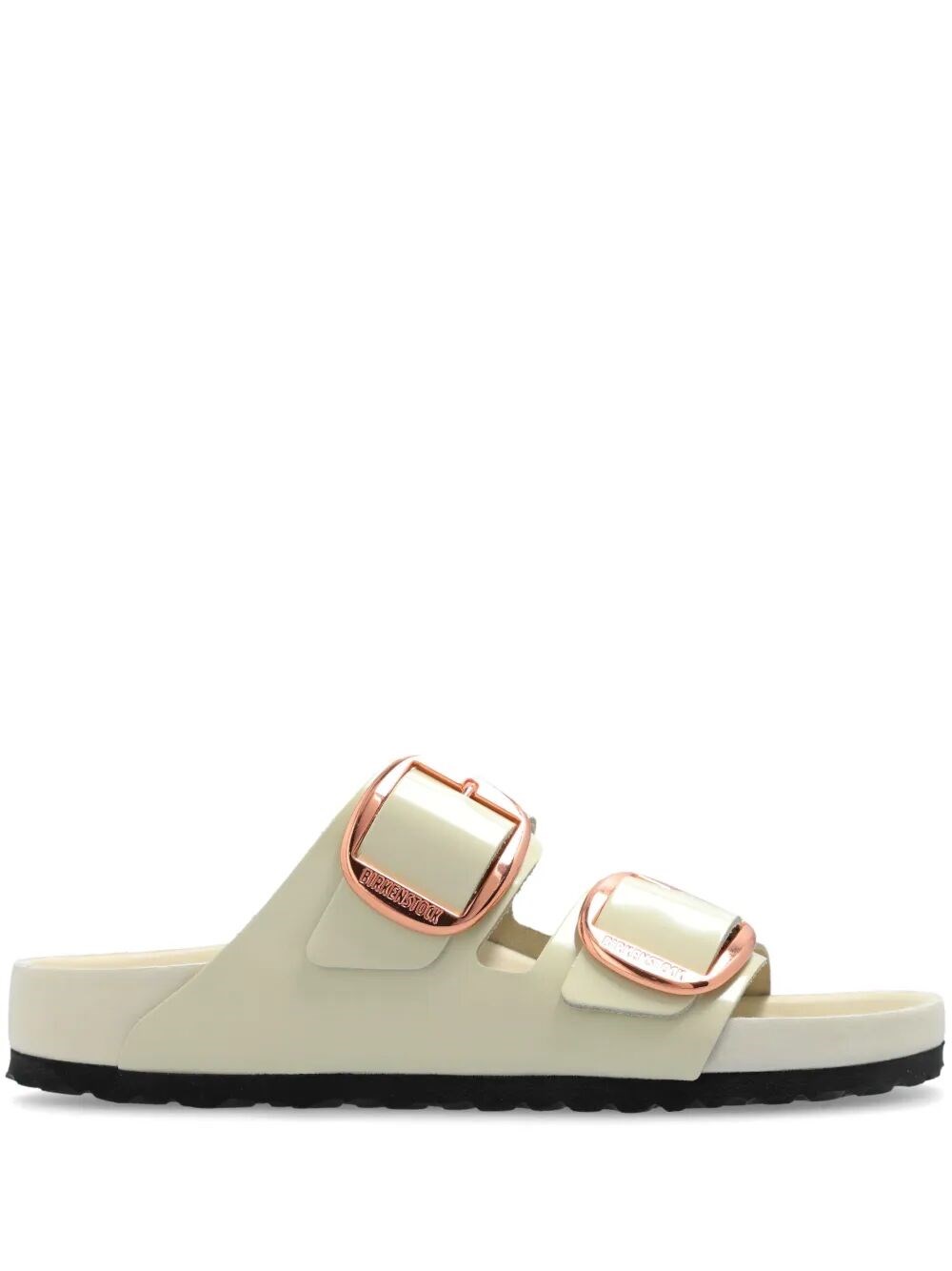 Birkenstock Arizona Lacquer Leather Slides In Neutral