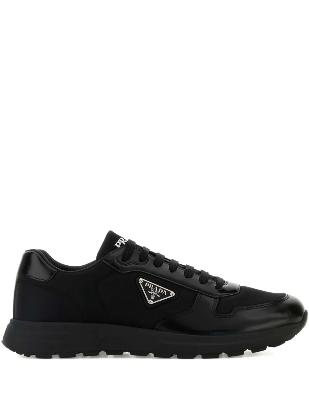 Prada Side Triangular Logo Low-cut Laced Casual Sneakers In Nero