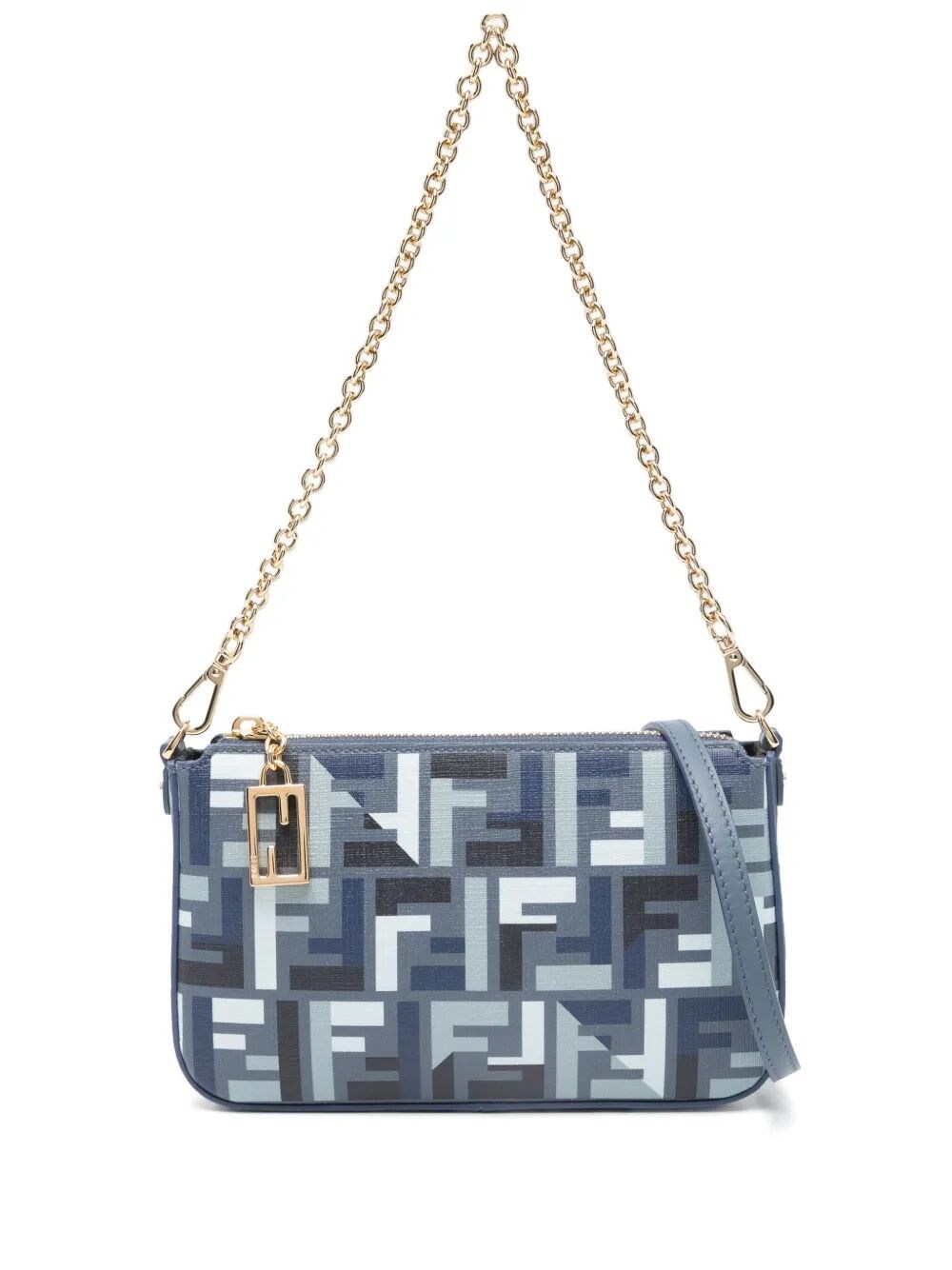 Fendi Ff Fabric Baguette Pouch With Chain In Blue