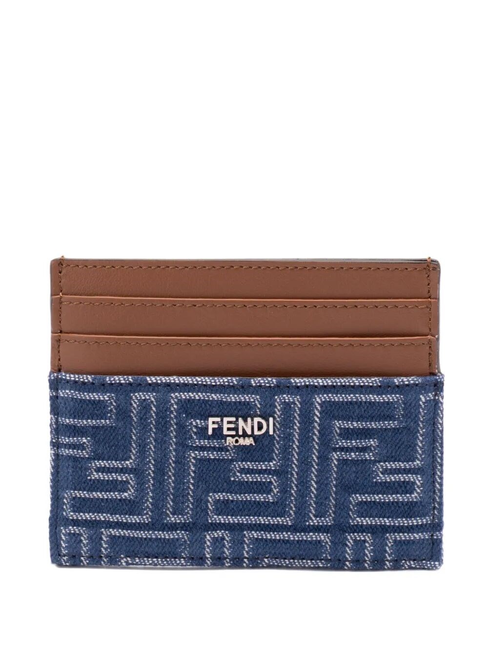 Fendi Blue Denim Effect Ff Jacquard Card Holder And Brown Leather Men In Blue