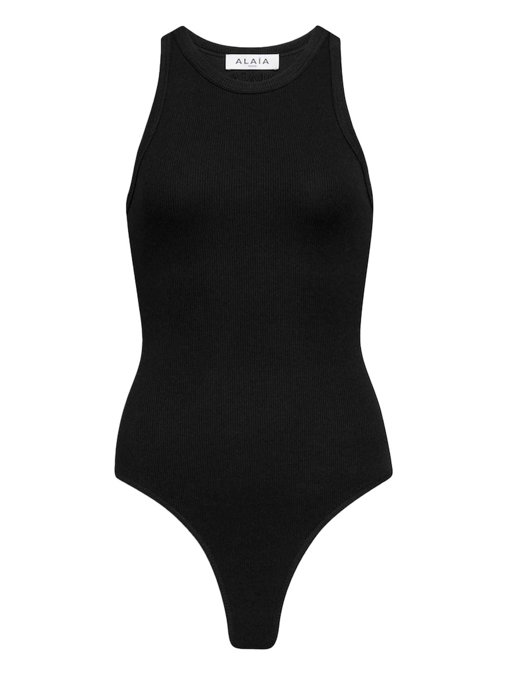 Alaïa Ribbed Texture High Neckline Sleeveless Thong Cut In Black