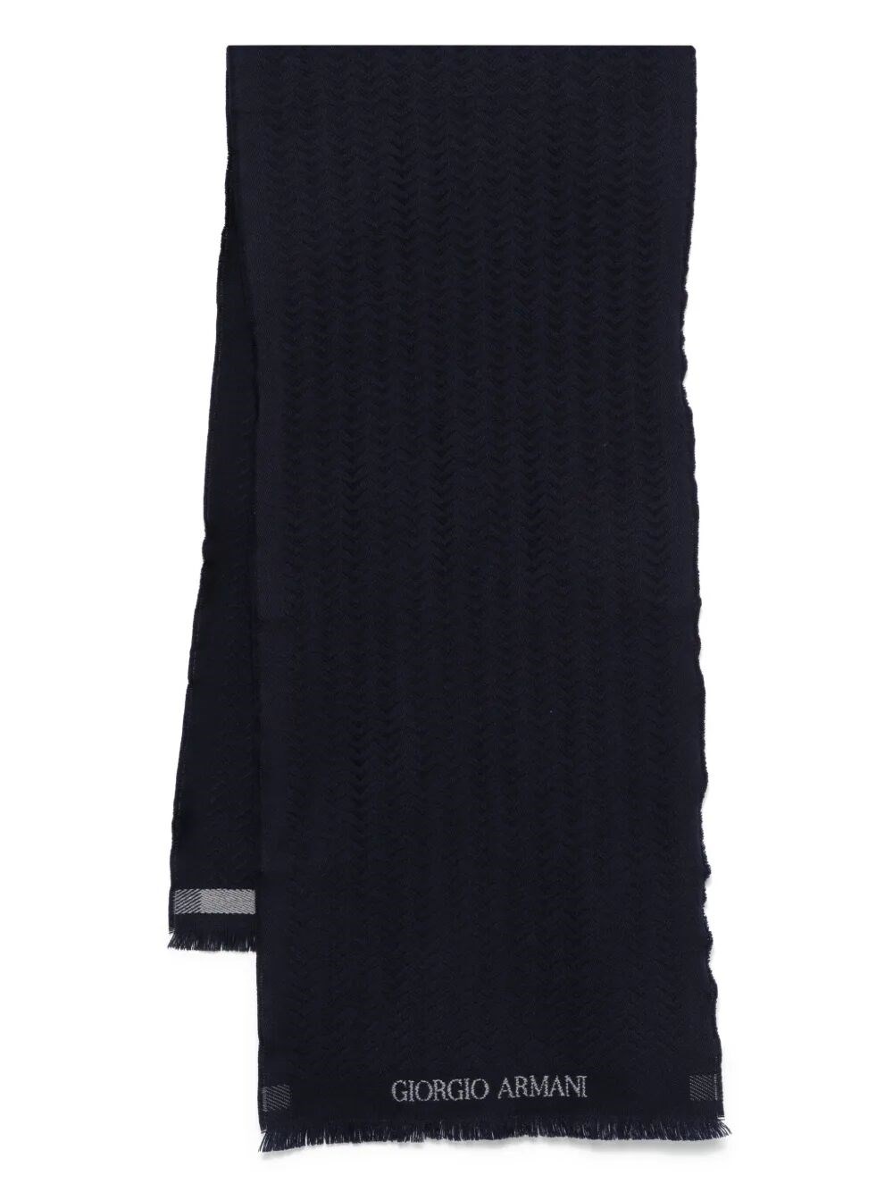 Giorgio Armani Herringbone Pattern Wool Fringed Scarf In Blue