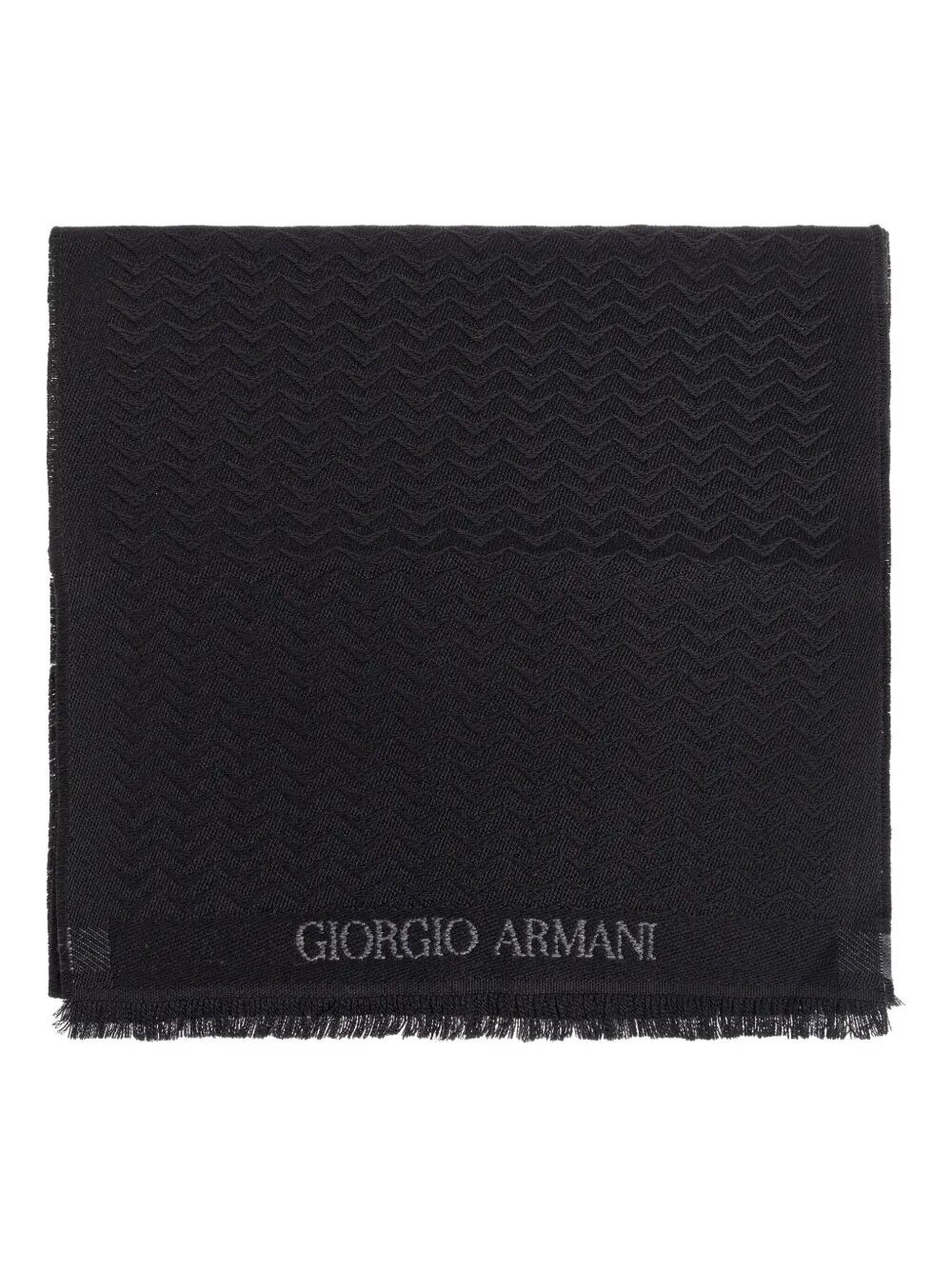 Giorgio Armani Herringbone Motif Black Scarf With Frayed Edges In Black