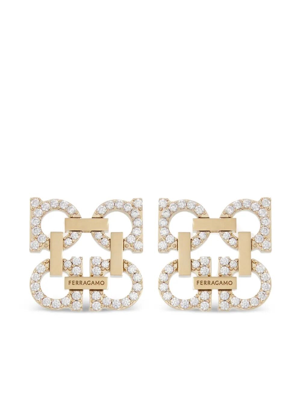 Ferragamo Crystal Embellished Four Gancini Clip On Earrings In Gold