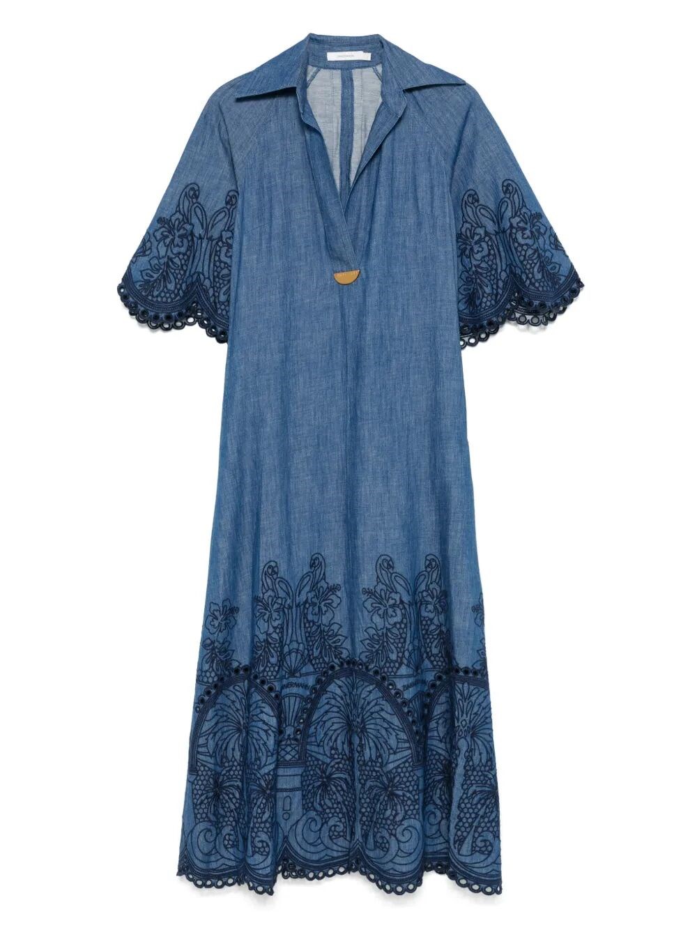 Zimmermann Coco Embroidered Denim Shorts With Scalloped Hemline In Blue