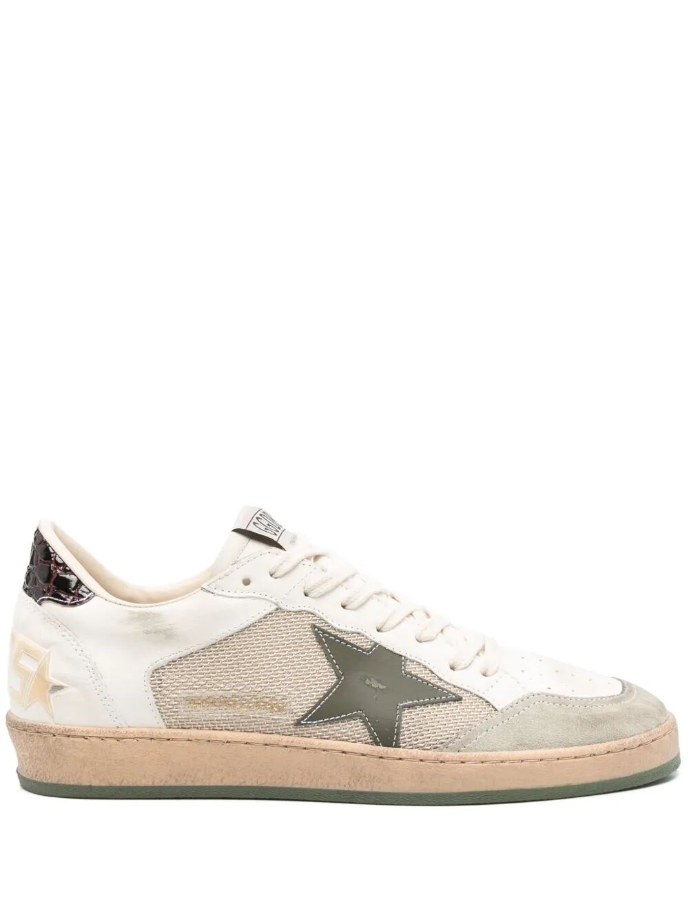 Golden Goose Ball Star Sneakers In Vintage Effect Leather With Olive Green Leather Star And Crocodile Effect Heel