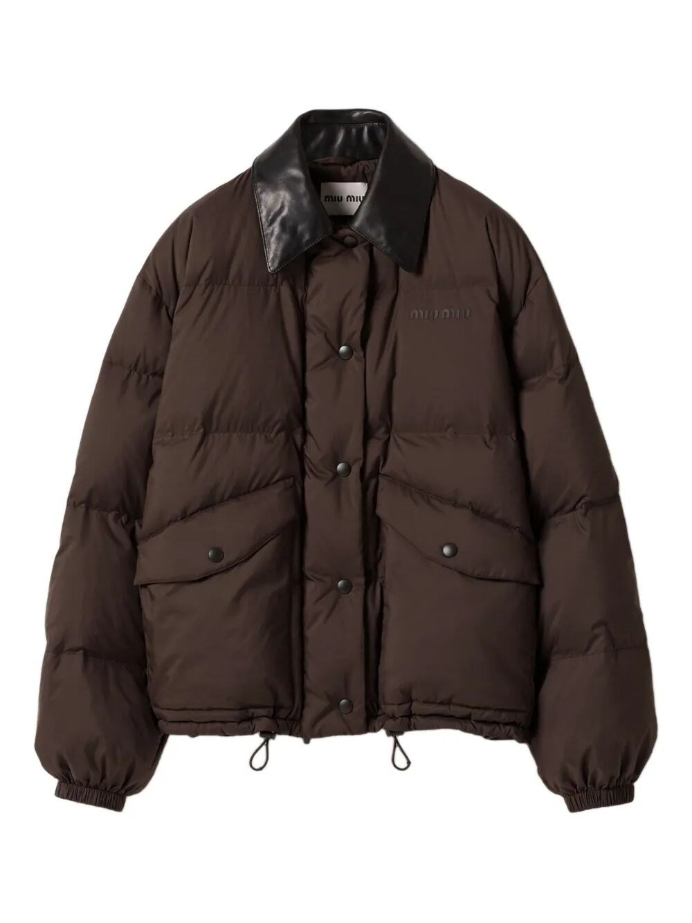 Miu Miu Leather-collar Puffer Jacket In Brown