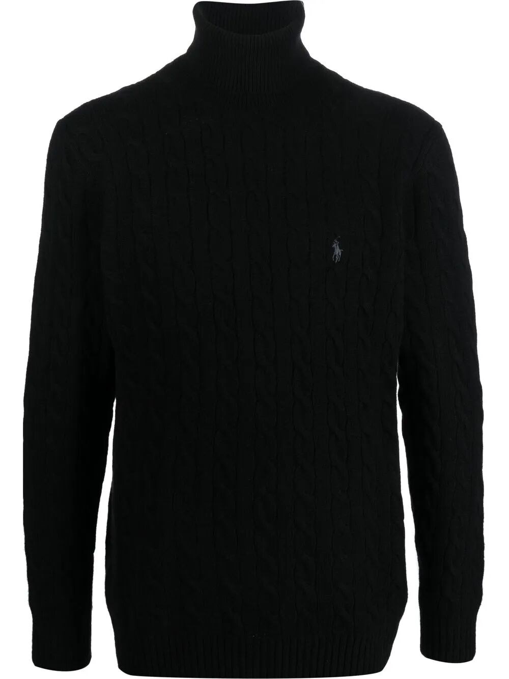 Polo Ralph Lauren Cable Knit Black Turtleneck Sweater With Embroidered Logo In Black