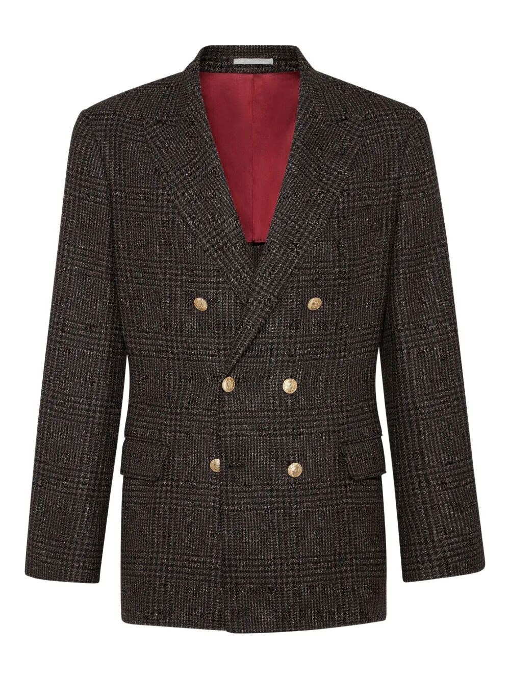 Brunello Cucinelli Prince Of Wales One-and-a-half Breasted Blazer With Metal Buttons Clothing In Brown