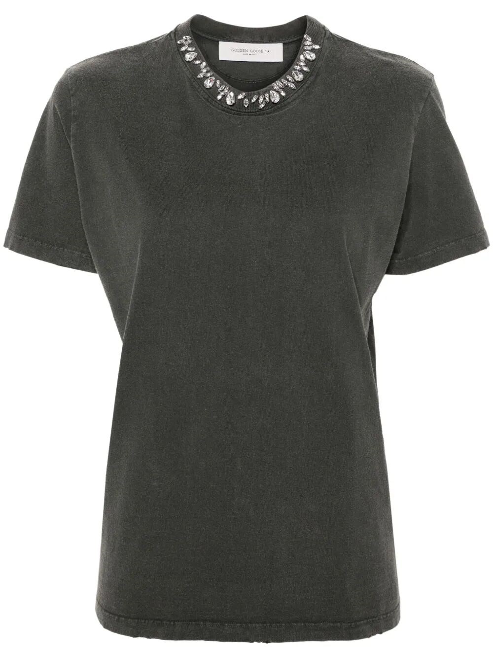 Golden Goose Distressed Grey Cotton T-shirt With Crystal Embellishments In Gray