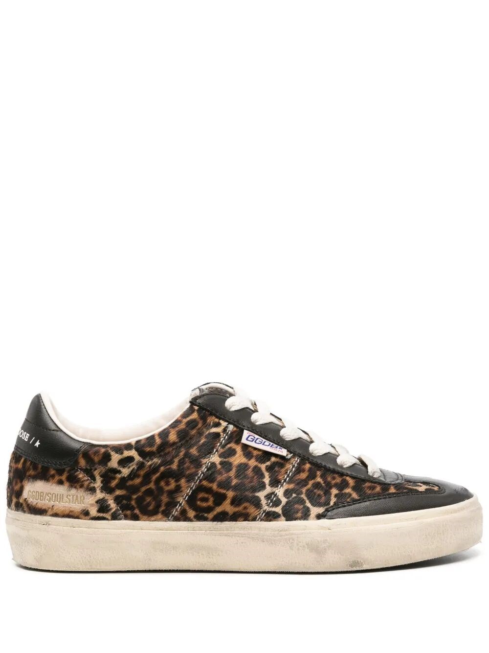 Golden Goose Soul Star Sneakers In Leopard-print Pony Skin With Black Nappa Leather Heel Tab And Inserts In Brown