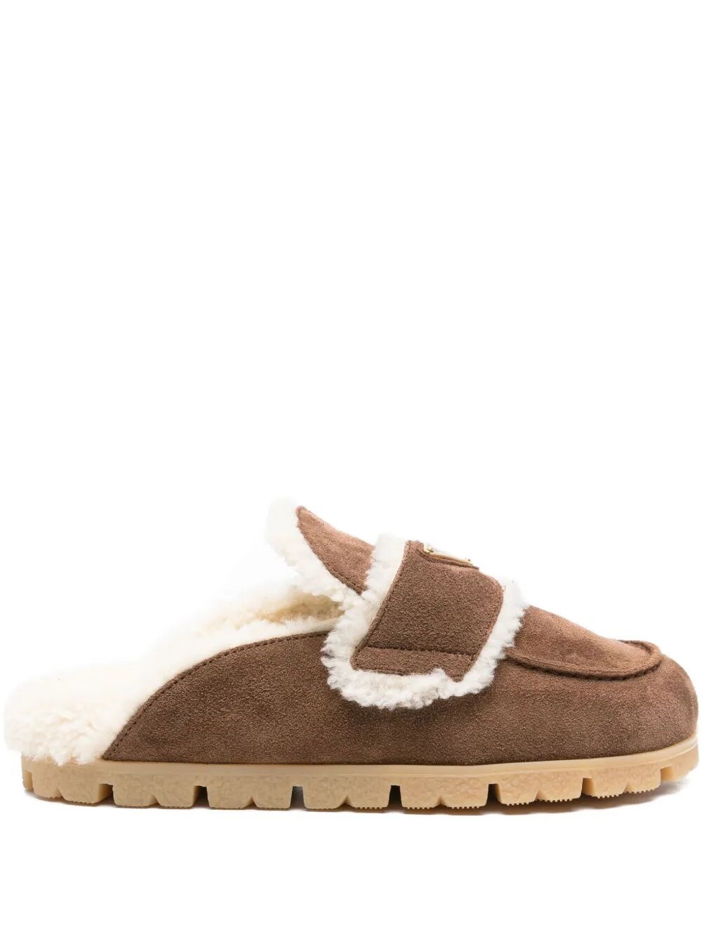 Prada Shearling Lining Suede Sabot In Brown