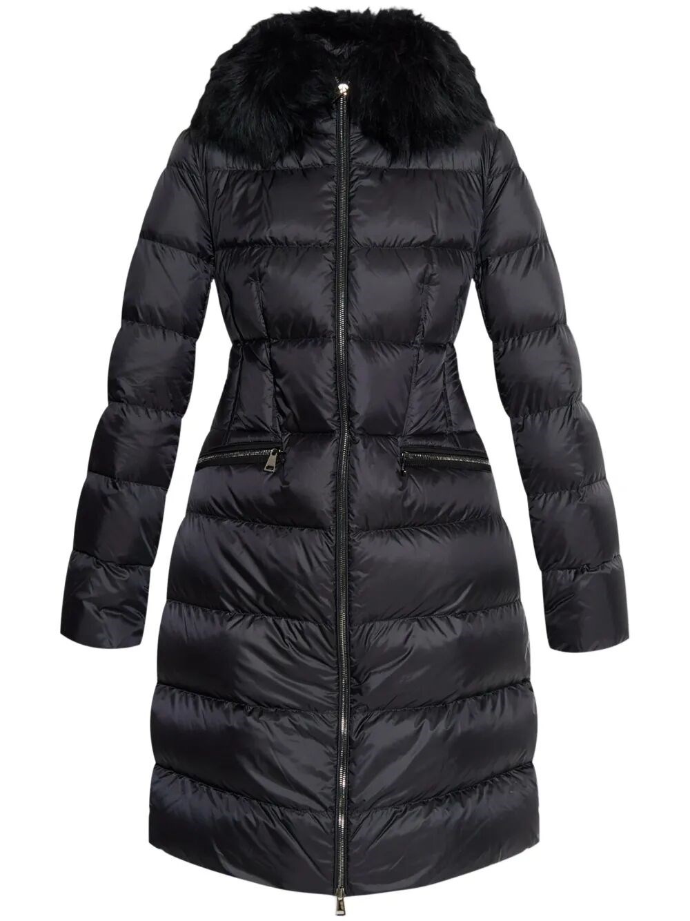 Moncler Boedic Hooded Shearling-trimmed Long Down Jacket Clothing In Black