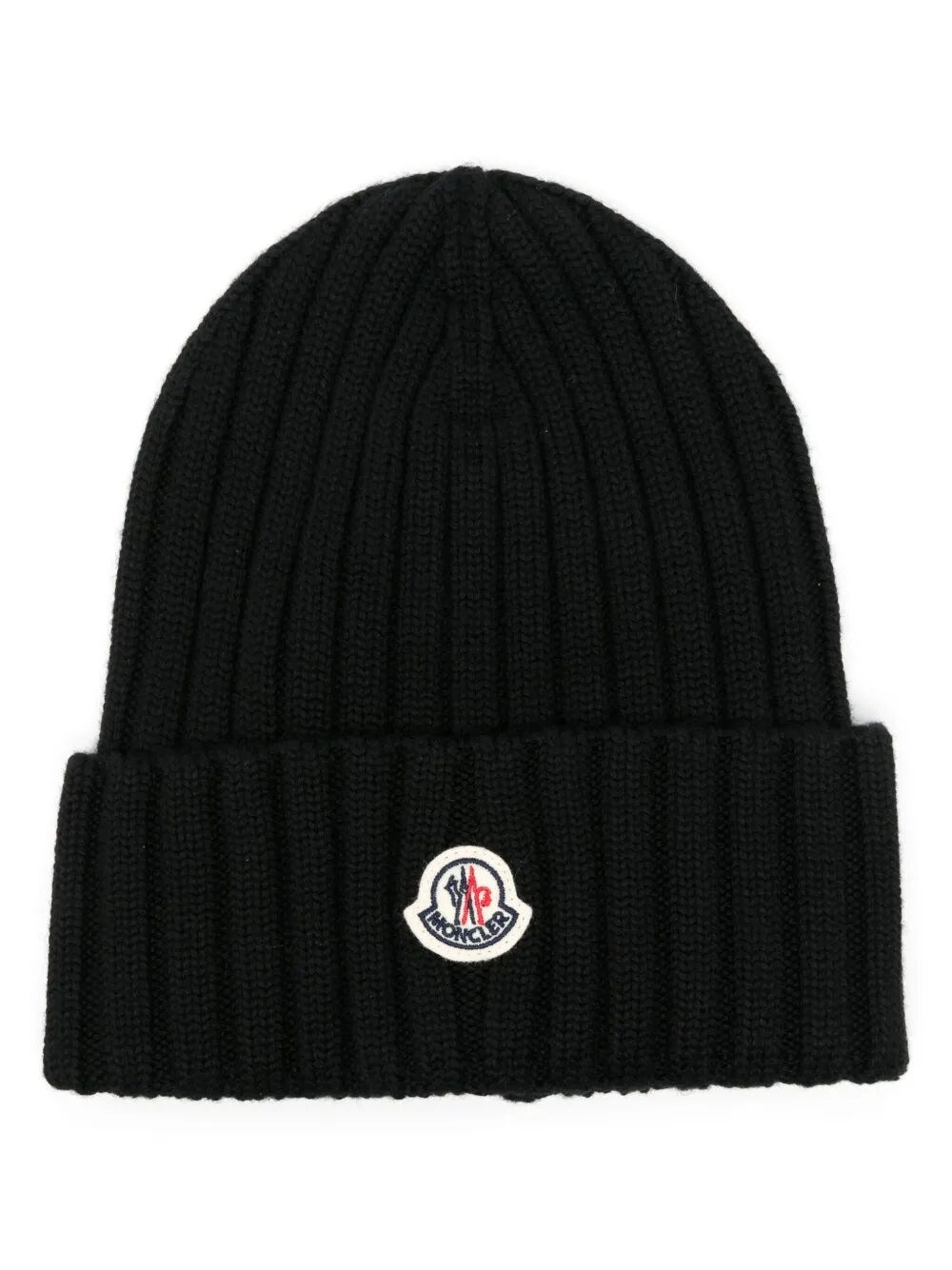 Moncler Wool Logo Ribbed Knit Beanie In Black