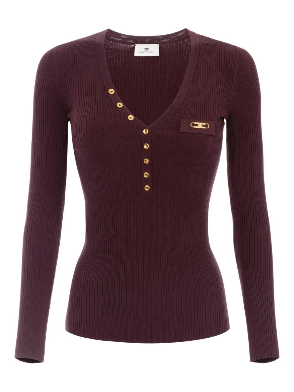 Elisabetta Franchi Burgundy Ribbed Sweater With Pocket In Red