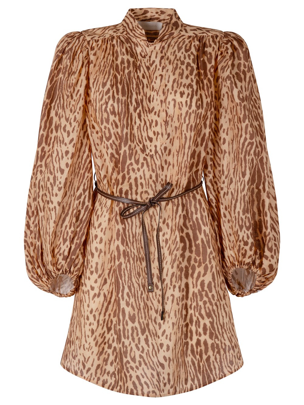 Zimmermann Cascadian Beige Tunic Dress With Stand-up Collar And All-over Leopard Print In Linen Woman In Brown