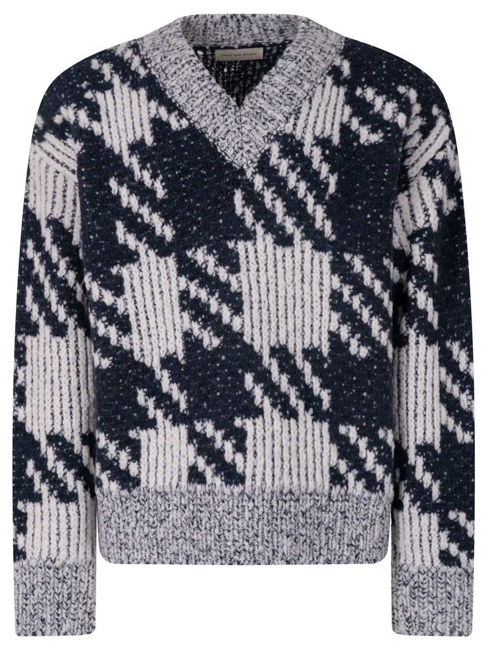 Dries Van Noten Chunky Knit V Neck Sweater With Textured Pattern In White