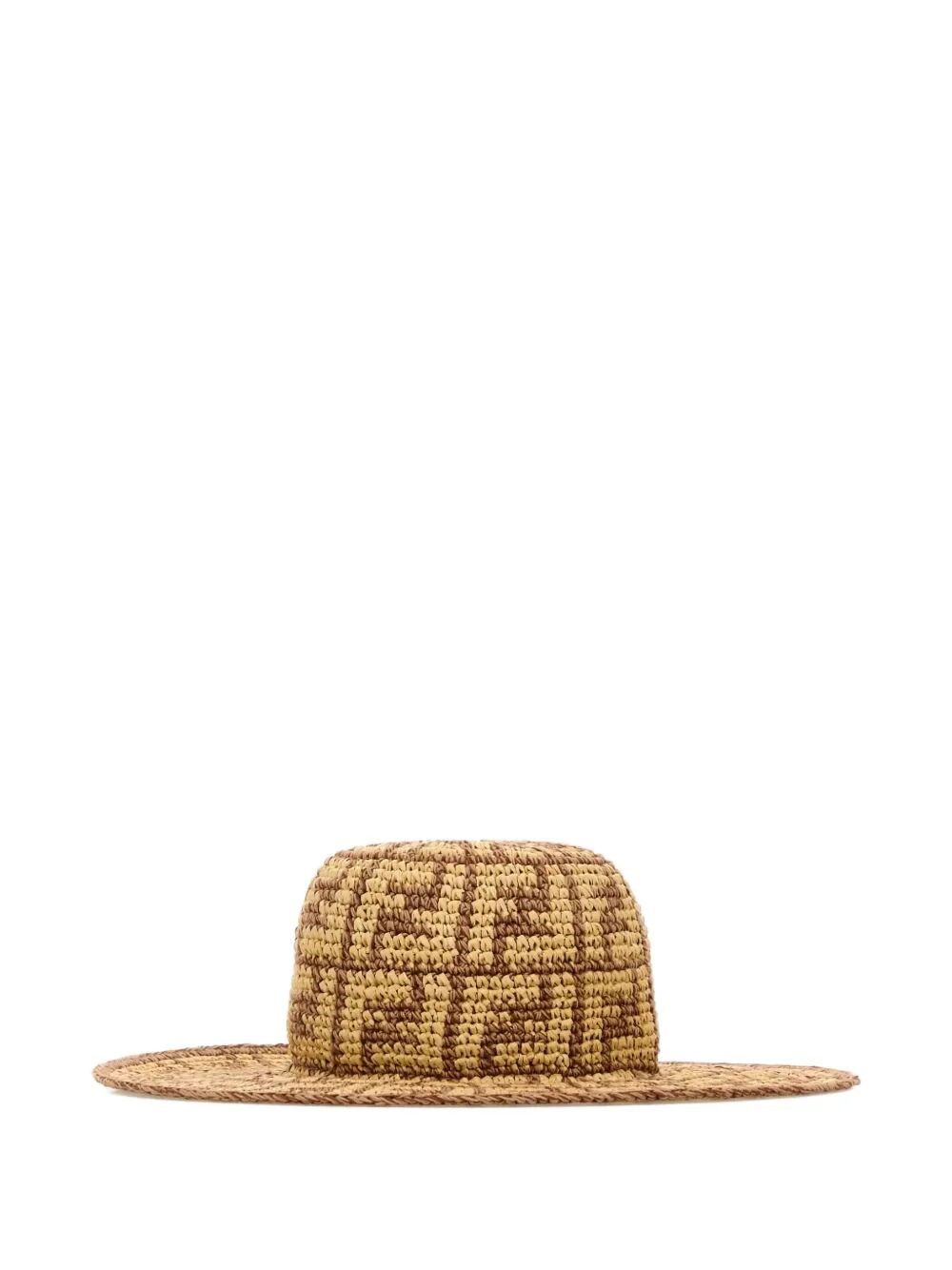 Fendi Hand-woven Viscose And Cotton Hat With All-over Ff Motif In Nude